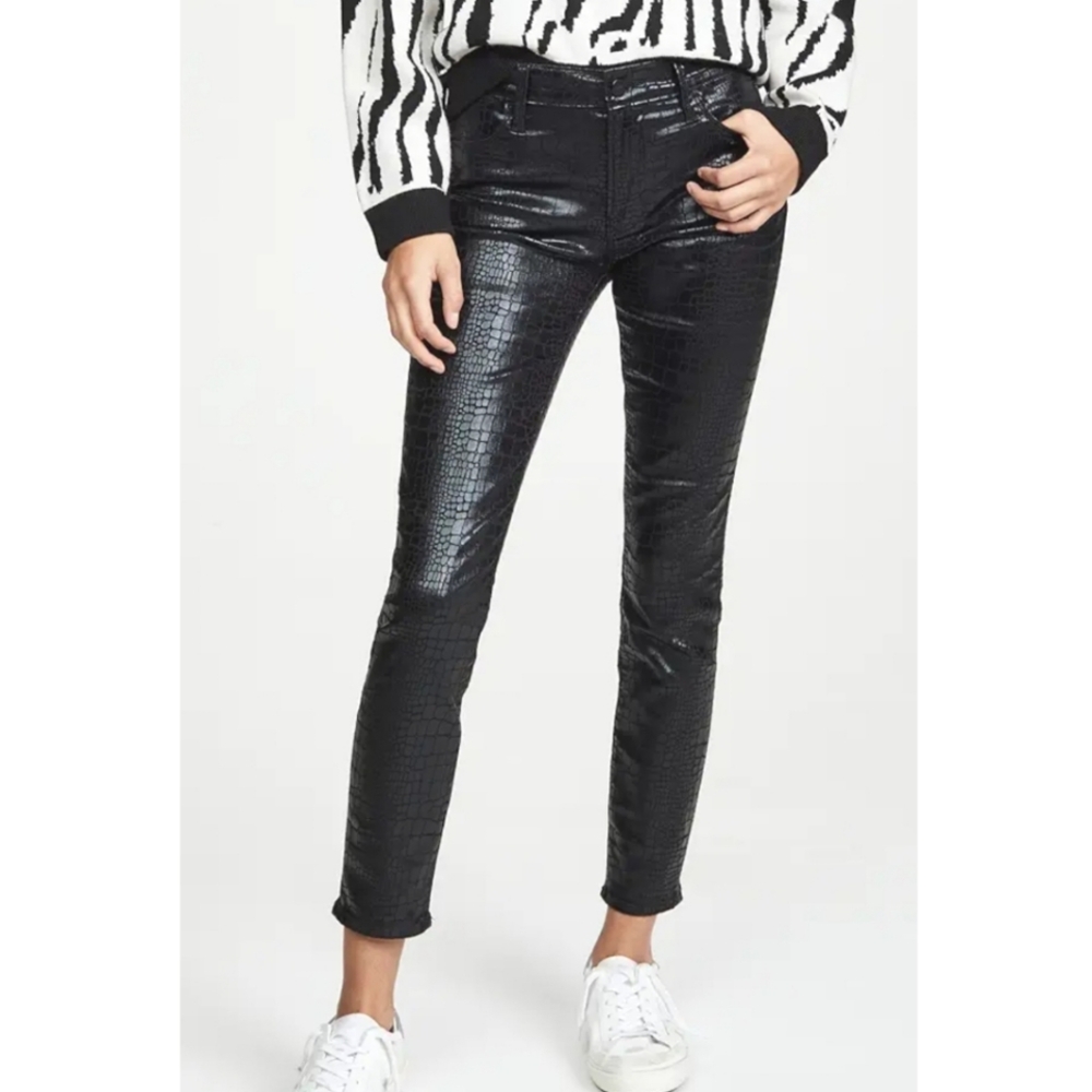 Frame Le High Skinny Black Faux Leather Jeans Croc Embossed Stretch